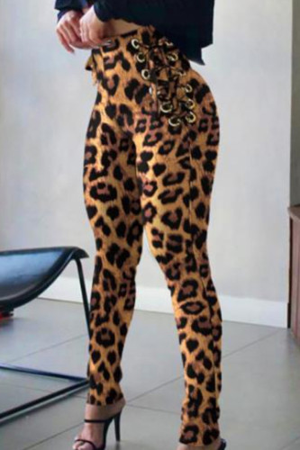 Леопардовый принт Уличный принт Пэчворк Перекрестные бретели Узкие брюки-карандаш с высокой талией и полным принтом