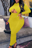 Gelbes, sexy, solides, ausgehöhltes, langes Patchwork-Kleid mit V-Ausschnitt und Kleider in Übergröße