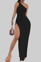 Schwarzes, lässiges, solides Patchwork-Kleid mit hoher Öffnung und einer Schulter, langes Kleid