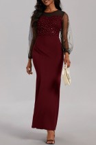 Burgundy Casual Patchwork See-through O Neck One Step Skirt Dresses