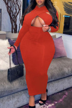 Rotes, sexy, solides, ausgehöhltes, langes Patchwork-Kleid mit V-Ausschnitt und Kleider in Übergröße