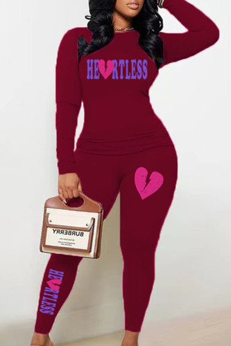 Burgundy Casual Print Patchwork O Neck Long Sleeve Two Pieces