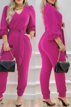 Paarse casual effen basic normale jumpsuits met V-hals