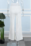 Weiße, lässige, einfarbige Patchwork-Hose mit normaler hoher Taille