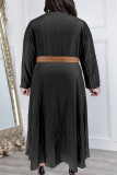 Black Sweet Solid Patchwork Buckle Turndown Collar A Line Plus Size Dresses