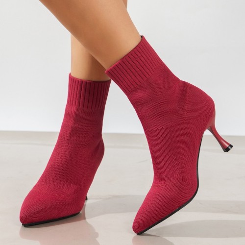 Chaussures de porte pointues en patchwork, couleur unie, rouge pastèque (hauteur du talon 2.75 pouces)