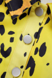 Cinza casual estampa leopardo patchwork gola aberta manga comprida duas peças