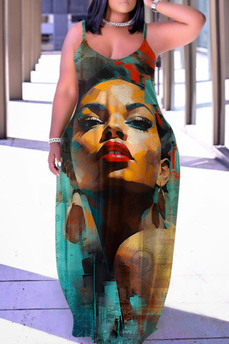 Brown Sexy Casual Print Backless Spaghetti Strap Long Dress Dresses