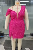 Rosa vermelha sexy patchwork lantejoulas decote em V vestido irregular vestidos plus size