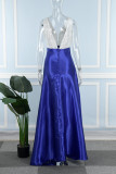 ブルーセクシーなフォーマルパッチワークコントラストVネックイブニングドレスドレス