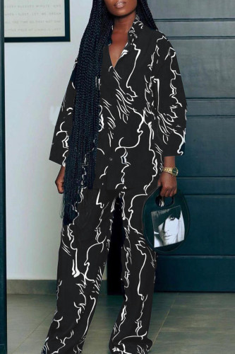 Black Casual Print Patchwork Buckle Shirt Collar Long Sleeve Two Pieces