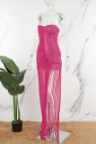 Розово-красное сексуальное вечернее платье в стиле пэчворк с блестками и открытой спиной без бретелек.