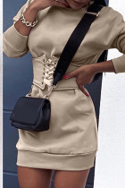 Khakifarbene, elegante, solide Patchwork-Kleider mit Kreuzträgern und O-Ausschnitt und langen Ärmeln