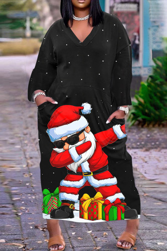 Черное повседневное длинное платье с принтом Санта-Клауса в стиле пэчворк и V-образным вырезом