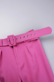 Розово-красные повседневные однотонные лоскутные брюки с поясом, обычные однотонные брюки с высокой талией