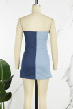 ブルー セクシー カジュアル パッチワーク バックレス コントラスト ストラップレス ラップ スカート ドレス