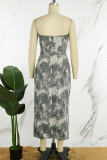Grijze straatprint patchwork zak met hoge opening rits strapless bedrukte jurk Jurken