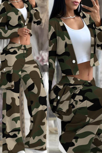 Army Green Casual Street Solid Patchwork Buttons V Neck Long Sleeve Two Pieces