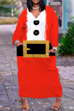 Zwart Rood Casual print Kerstman Patchwork V-hals Lange jurk Jurken