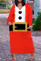 Vestido largo con cuello en V y retales de Papá Noel con estampado informal rojo Vestidos