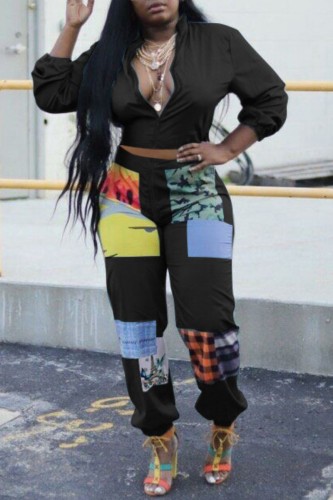 Black Casual Print Patchwork Zipper Collar Long Sleeve Two Pieces