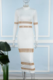 Белые повседневные однотонные лоскутные прозрачные платья с воротником до половины и длинными рукавами