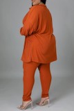 Orangefarbenes, lässiges, solides Basic-O-Ausschnitt-Dreiteiler-Set in Übergröße