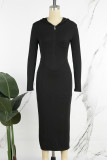 Черные повседневные однотонные платья с длинным рукавом и воротником-молнией в стиле пэчворк