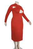 Vestido longo vermelho sexy sólido vazado patchwork com decote em V Vestidos plus size