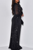 Zwarte elegante effen pailletten patchwork v-hals lange jurk jurken