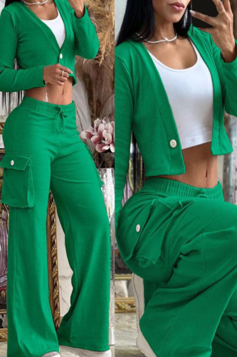 Green Casual Street Solid Patchwork Buttons V Neck Long Sleeve Two Pieces
