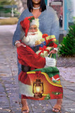 Vestido longo preto casual estampado Papai Noel patchwork com decote em V