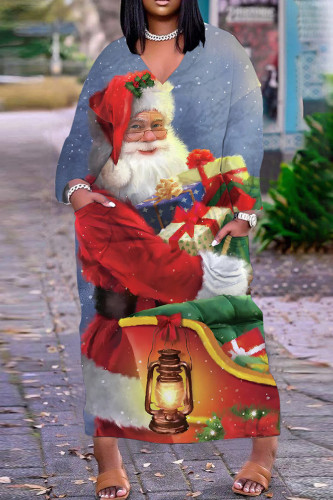 Mehrfarbiges, lässiges Weihnachtsmann-Patchwork-Kleid mit V-Ausschnitt und langem Kleid