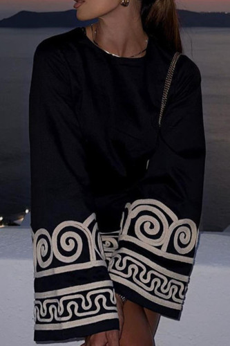 Black College Print Patchwork O Neck Long Sleeve Dresses