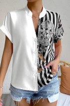 Tops con cuello en V de patchwork con estampado casual blanco