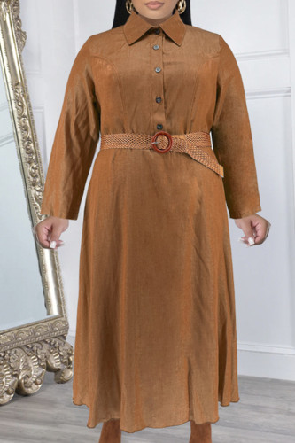 Earth Yellow Sweet Turndown Collar Long Sleeve Patchwork Buckle Plus Size A Line Vacation Maxi Dresses