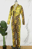 Amarelo casual estampa leopardo patchwork gola aberta manga comprida duas peças
