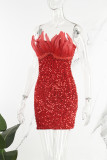 Red Sexy Solid Sequins Patchwork Feathers Strapless Wrapped Skirt Dresses
