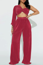 Red Sexy Street Solid Patchwork One Shoulder Long Sleeve Two Pieces