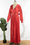 Vestido largo rojo elegante de retazos lisos con cinturón plisado con cuello en V (cinturón incluido)