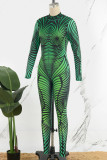 蛍光グリーンのセクシーなプリント パッチワーク ジッパー O ネック スキニー ジャンプスーツ