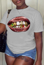 Hellgraue, lässige Street Lips bedruckte Patchwork-T-Shirts mit O-Ausschnitt