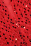 Röda sexiga solida paljetter Patchwork fjädrar Axelbandslösa omslagna kjolklänningar