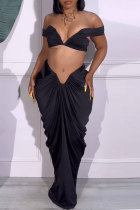 Black Sexy Elegant Fold Strapless Two Pieces Crop Tops And Ruched Skirts Sets