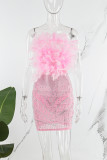 Розовое сексуальное вечернее элегантное вечернее платье в стиле пэчворк с прозрачными перьями и горячими вечерними платьями без бретелек