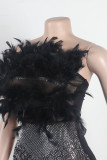 Schwarze sexy Party-elegante formelle Patchwork-durchsichtige Federn Hot Drill trägerlose Abendkleider