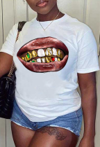 Witte casual Street Lips bedrukte patchwork T-shirts met O-hals