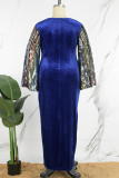 カラフルなブルーエレガントなソリッドスパンコールパッチワークジッパーOネックロングドレスプラスサイズのドレス