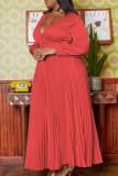 Patchwork sólido elegante vermelho com cinto plissado com decote em V Vestidos longos (cinto incluído)