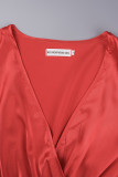 Rode elegante effen patchwork met riem geplooide V-hals lange jurk jurken (inclusief riem)